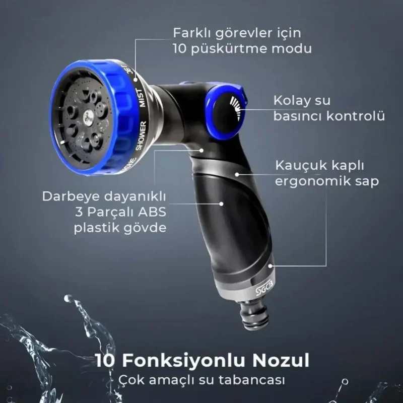 SGCB 10 Desenli Su Püskürtme Sulama Tabancası – Ayarlanabilir Tazyik 10 Kademeli Bahçe Hortum