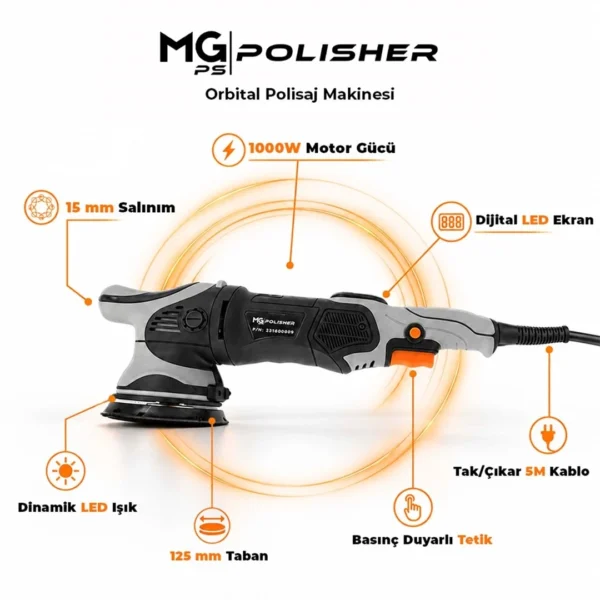 MG PS OPV001 Orbital Polisaj Makinesi 125mm 1000W | 15mm Eksantrik Salınım & Dijital LED Ekran